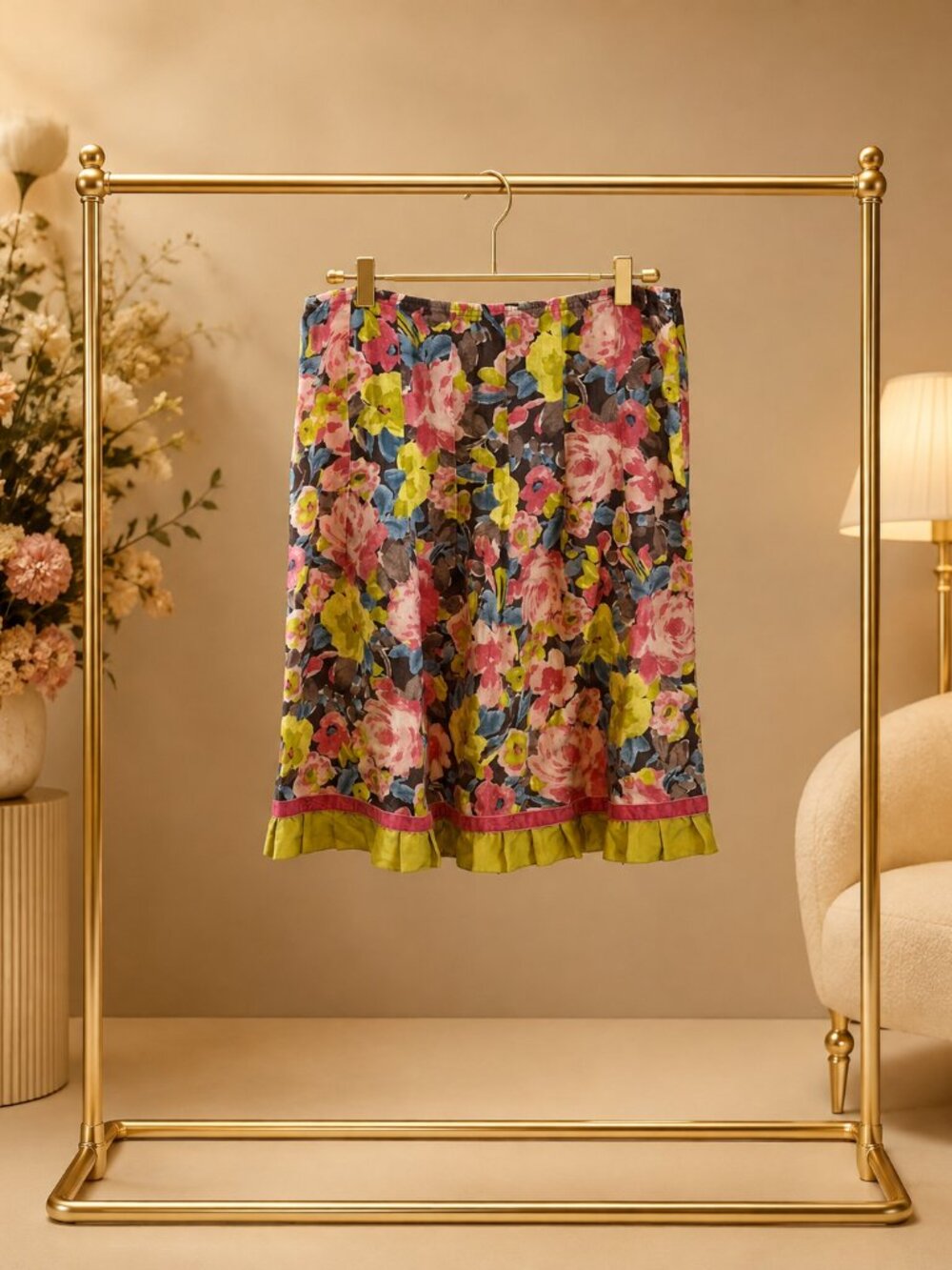 Vintage Y2K 100% Linen Floral Ruffle Velvet Trim A-Line Midi Skirt J.Jill M Fall